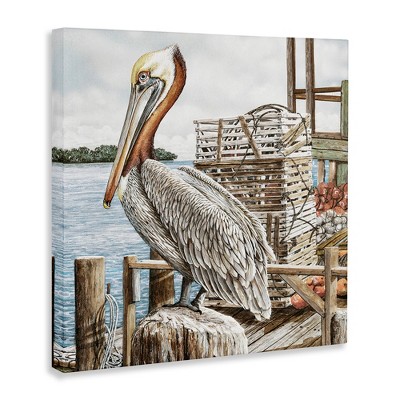 Pelican Perched on Fishing Dock Canvas Wall Art, 17" x 17"