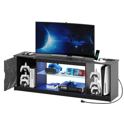 Black Marble 70" Modern Fireplace TV Stand with LED Lights and Storage