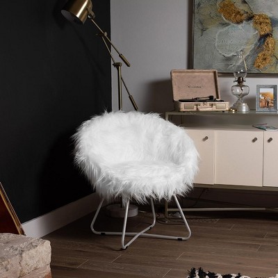 White Faux Fur Papasan Chair with Silver Metal Legs