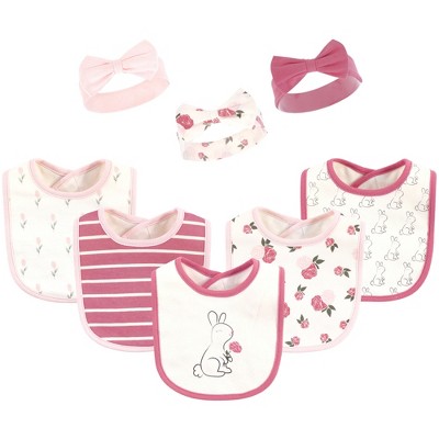 Hudson Baby Infant Girl Cotton Bib and Headband or Caps Set 8pk, Pink Bunny, One Size