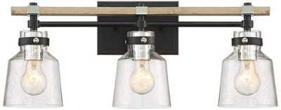 Possini Euro Design Broadway Modern Industrial Wall Light Black Faux Wood Hardwire 23" 3-Light Fixture Clear Seedy Glass for Bedroom Bathroom Vanity