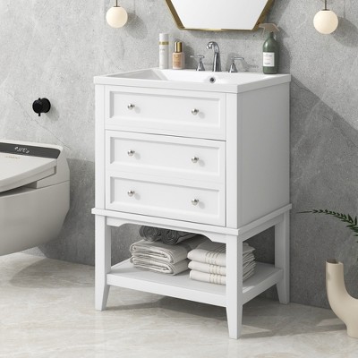 ALEXOUN 24" Modern Freestanding Single Bathroom Sink Cabinet ,Drawers and Open Shelf,Solid Wood Frame for Bathroom Small Space,White