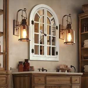Beautyolove Farmhouse Arched White Wood Framed Windowpane Wall Mirror - 1 of 4
