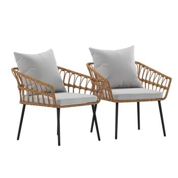 Flash Furniture Evin Set of 2 Boho Indoor/Outdoor Rope Rattan Wicker Patio Chairs with All-Weather Cushions