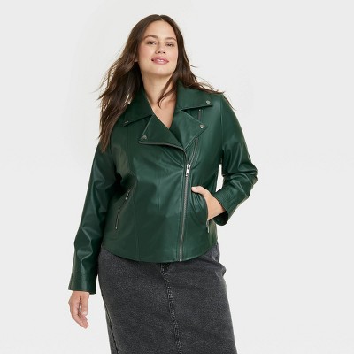 Women s Faux Leather Moto Jacket Ava Viv Green 1x Target