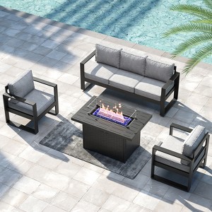 LayinSun 4 Pieces Aluminum Outdoor Patio Furniture Set, Metal Modern Conversation Sofa Set with Fire Pit Table and Washable Thick Cushions - 1 of 4