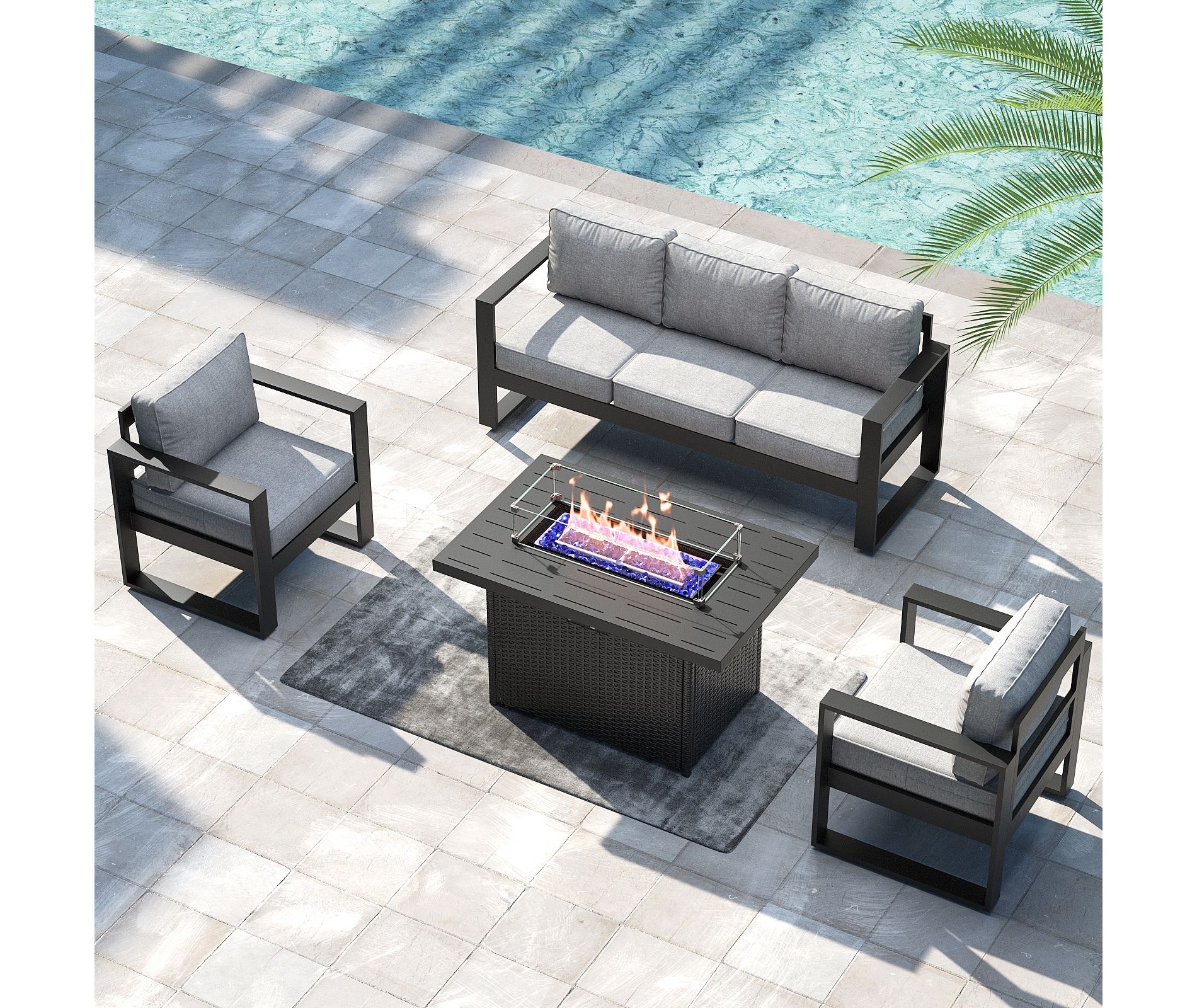 LayinSun 4 Pieces Aluminum Outdoor Patio Furniture Set, Metal Modern Conversation Sofa Set with Fire Pit Table and Washable Thick Cushions