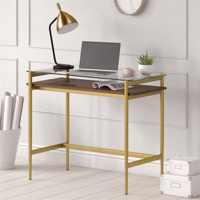 Eaton Mid-Century Brass Desk with Tempered Glass Top and Walnut Shelf