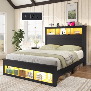 AMERLIFE Bed Frame with Bookcase Storage Headboard, LED Light and Charging Station - 1 of 4