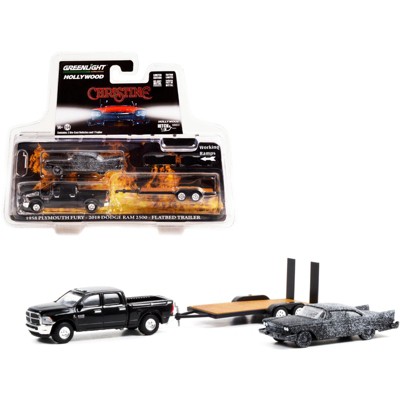 2018 Ram 2500 Pickup Truck Matt Black & 1958 Plymouth Fury (Scorched) & Flatbed Trailer "Christine" (1983) Movie 1/64 Greenlight