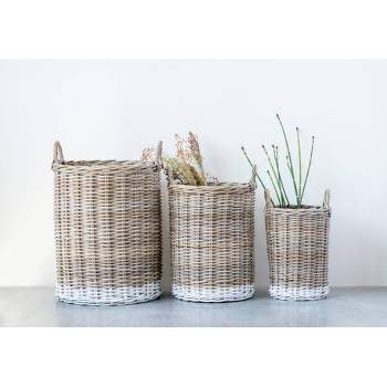 Set of 3 Decorative Rattan Baskets with White Base & Handles Beige - 3R Studios
