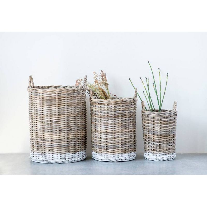 Set of 3 Decorative Rattan Baskets with White Base and  Handles Beige - Storied Home, 1 of 7