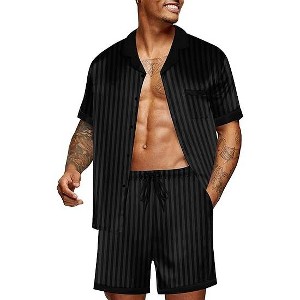 Ekouaer Men Satin Silk Pajamas Set with Pockets Sleepwear Shorts Satin Summer Loungewear 2 Piece Button Down Set - 1 of 4