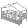TIRAMISUBEST Twin/Full Size House Bed with 2 Storage Drawers, Wooden House Platform Bed with Fence Guardrails and Roof Design for Kids - 3 of 4