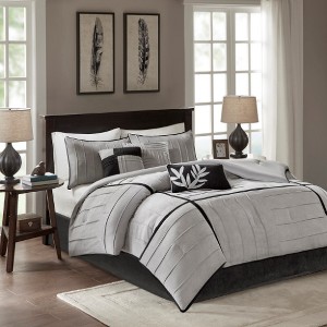 Lyngins 7-Piece Queen Comforter Set, Casual Style Faux Suede Bedding Set with Pintuck Details, Soft Micro-Suede, Machine Washable Quilt Bedding Set - 1 of 4