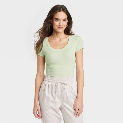 Women's Slim Fit Short Sleeve Ribbed Scoop Neck T-shirt - A New Day™ Green  S : Target