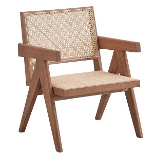 Rattan Accent Chair with Cushioned Seat and Back, Natural Finish and Sturdy Wooden Legs for Living Room - 1 of 4