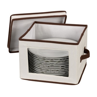 Beige and Brown Fabric Lidded Dinner Plate Storage Box