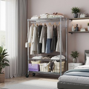 Okak Heavy Duty Metal Coat Rack with Wheels, Freestanding Hall Tree with 1 Hang Rod and Adjustable Shelves, Coat Tree for Bedroom, Chrome - 1 of 4