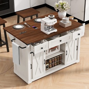 Whisen 58" Kitchen Island with Storage, Sliding Barn Door & Metal Grid Side Door, Spice Rack - 1 of 4