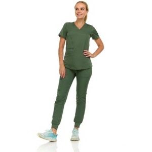 MediChic Scrubs for Women's V-Neck Scrub Set with Six Pocket Ribbed Cargo Jogger Pants with 4-Way Stretch - 1 of 4