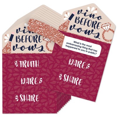Big Dot of Happiness Vino Before Vows - Winery Bridal Shower or Bachelorette Party Game Pickle Cards - Truth, Dare, Share Pull Tabs - Set of 12