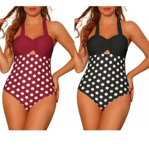 Elerevyo Women's Halterneck Polka Dot Monokini Tummy Control Cut Out String Swimsuit Bathing Suits 2 Sets - 1 of 4