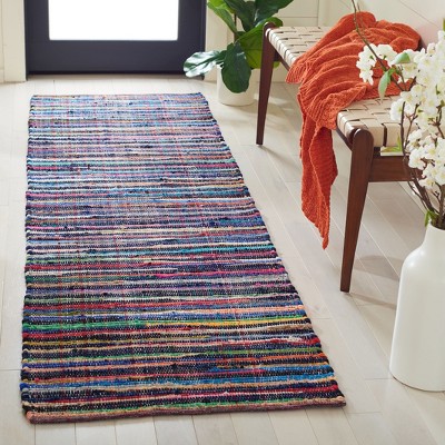Handmade Blue and Multicolor Striped Wool Cotton Runner Rug