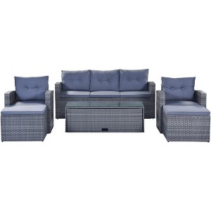 6-Piece All-Weather Wicker PE Rattan Patio Outdoor Dining Conversation Sectional Set with Coffee Table, Wicker Sofas, Ottomans, Removable Cushions - 1 of 4