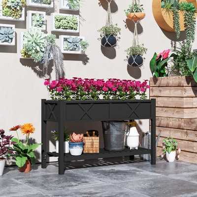 Black Wooden Raised Planter Box with Storage Shelf