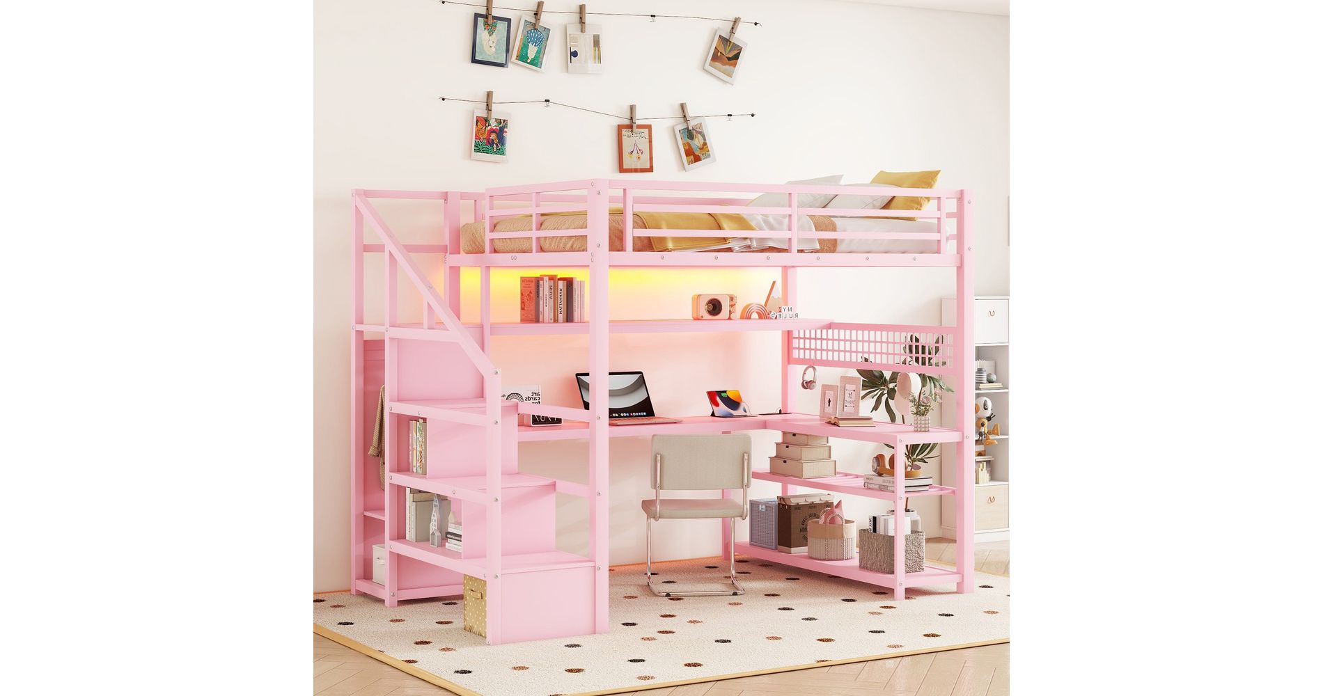Whisen Full Size Loft Bed with Staircase, Wardrobe, Desk, Storage Shelves, LED Lights & Charge Station - Pink