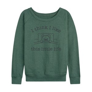 Women's - Instant Message - I Think I Like This Little Life Bear In Bed Lightweight French Terry Wide Neck Long Sleeve Graphic Shirt - 1 of 4
