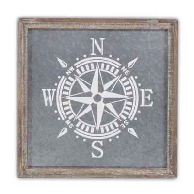Cheung's Cheung's Painted Compass on Galvanized Backdrop with Wood Frame Wall Décor, Gray