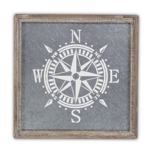Cheung's Cheung's Painted Compass on Galvanized Backdrop with Wood Frame Wall Décor, Gray - 1 of 4