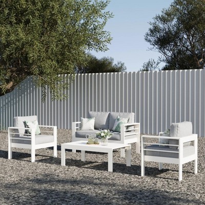 LayinSun Outdoor Aluminum Furniture Set, 4 Pieces Patio Sectional Conversation Chat Sofa Modern Seating Set with Coffee Table