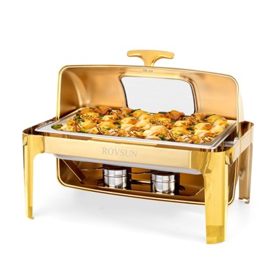 ROVSUN 9QT Roll Top Rectangular Gold Chafing Dish Buffet Set with Glass Window for Wedding Party Banquet Events