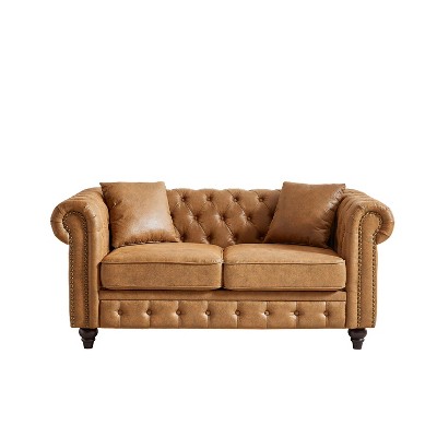 NicBex Button Tufted 63.5 Inch 3-seater Sofa with Rolled Arms and 2 Pillows for Office,Living Room,Apartment,Brown