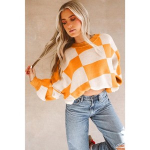 Women Checkered Bishop Sleeve Sweater - 1 of 4