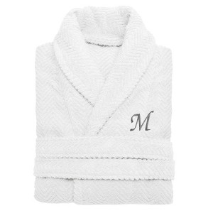 Linum Home Textiles 100% Turkish Cotton Unisex Personalized Herringbone White Bathrobe in Grey Chancery Font - 1 of 2