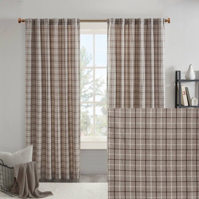 Brown Plaid Polyester Light-Filtering Curtain Panel with Fleece Lining