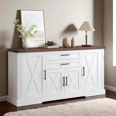 63" Farmhouse Barn Door Buffet Cabinet with Drawers and Adjustable Shelves, Rustic Kitchen Sideboard Coffee Bar Storage Console for Dining Room