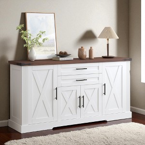 63" Farmhouse Barn Door Buffet Cabinet with Drawers and Adjustable Shelves, Rustic Kitchen Sideboard Coffee Bar Storage Console for Dining Room - 1 of 4