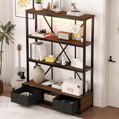 NicBex Bookcases for Living Room 4 Tier Rustic Wood Metal Freestanding Open Book Shelf Corner Bookcase with Drawers for Home Office