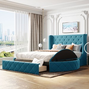 Queen Velvet Platform Bed with Wingback Headboard, Storage Platform Bed Frame with Drawer and 2 Side Storage Stool - 1 of 4