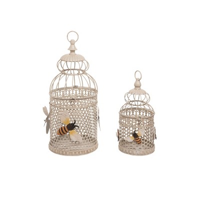 Transpac Metal 17 in. Off-White Spring Honeycomb Bird Cage Set of 2