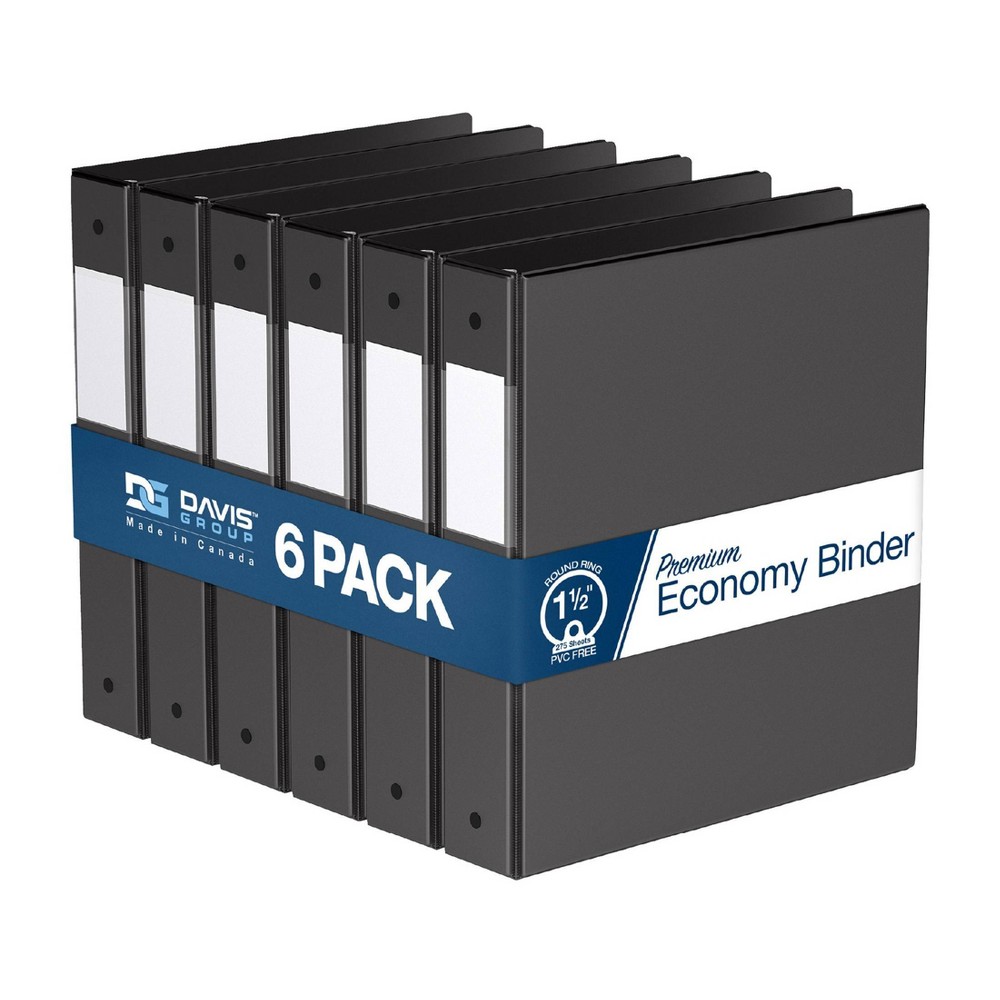 Davis Group 6pk 1.5" Premium Economy Round Ring Binder Black: Hard Cover, 275 Sheet Capacity, 2 Pockets, Polypropylene