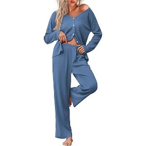 Ekouaer Womens Waffle Knit Pajamas Loungewear Two-piece Sleepwear Button-Down Pj Set with Pockets - 1 of 3