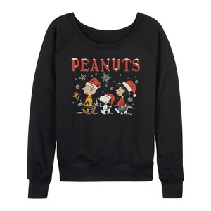 Women's - Peanuts - Snowflakes Lightweight French Terry Wide Neck Long Sleeve Graphic Shirt - 1 of 4