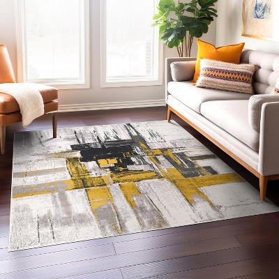 Gold and Gray Abstract Square Area Rug 6'6" x 6'6"