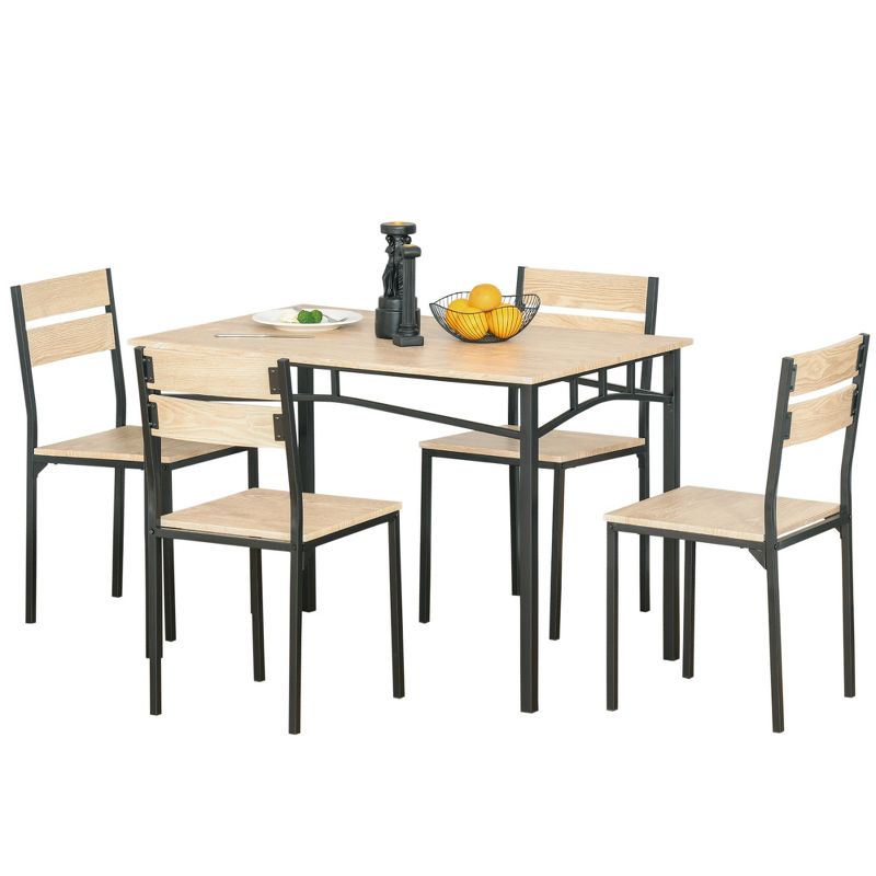 HOMCOM Rustic Industrial 5-Piece Dining Table Set Black Metal with 4 Chairs for Kitchen, or Dining Room, Oak, 4 of 9